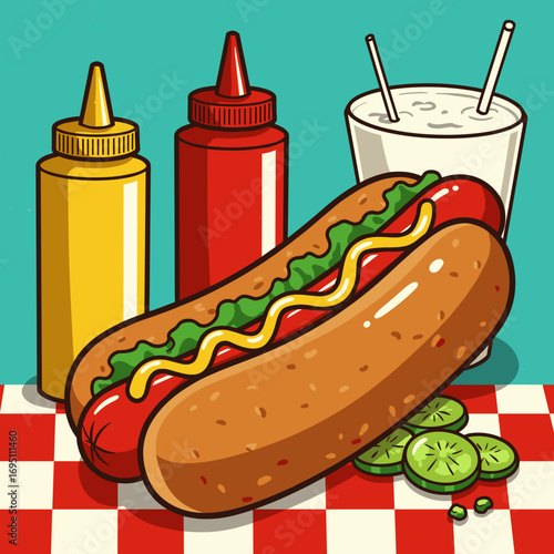 Hot dog with mustard ketchup and relish in bold retro diner style, graphic vector illustration with vibrant pop colors and playful eye-catching layout