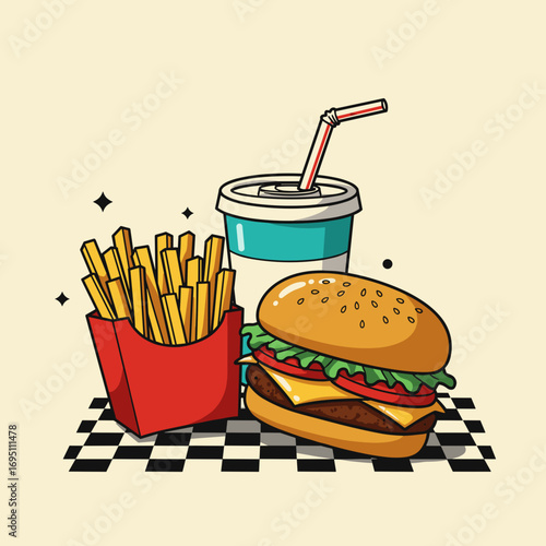 Cheeseburger with fries and soda in bold retro diner style, graphic vector illustration with vibrant pop colors and playful eye-catching layout