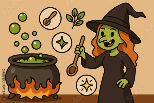 Witch's Potion Brew. Cartoon-style horizontal panel showing witch cooking in cauldron and potion icon set for bubbles, spoon,