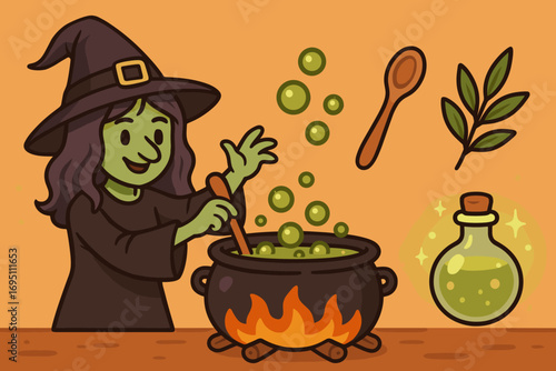 Witch's Potion Brew. Cartoon-style horizontal panel showing witch cooking in cauldron and potion icon set for bubbles, spoon,
