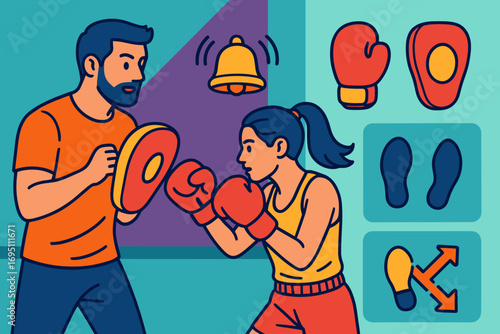 Boxing Class Essentials. Colorful scene of trainer coaching boxing class and combat fitness icon set for gloves, pads, bell icon