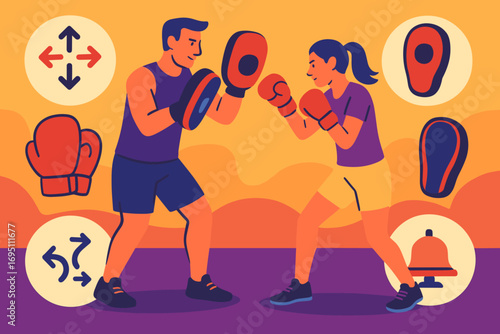 Boxing Class Essentials. Colorful scene of trainer coaching boxing class and combat fitness icon set for gloves, pads, bell icon
