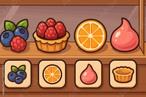 Tart and Fruit Display. Cartoon-style horizontal panel showing display full of tarts and fruity treats icon set for berries,