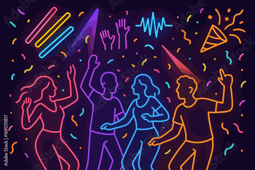 Neon Dance Party. Creative vector layout with people dancing under neon lights and party icon set for glowsticks, hands up, rhythm