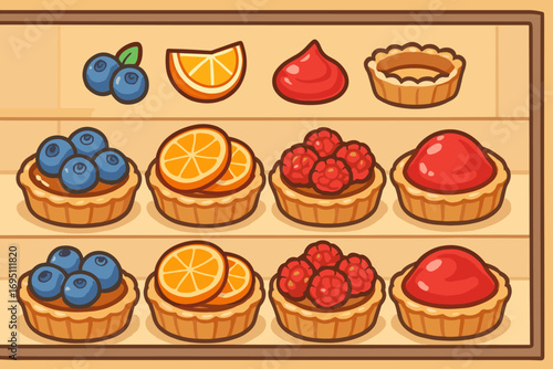 Tart and Fruit Display. Cartoon-style horizontal panel showing display full of tarts and fruity treats icon set for berries,