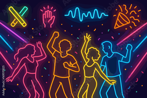 Neon Dance Party. Creative vector layout with people dancing under neon lights and party icon set for glowsticks, hands up, rhythm
