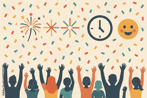 Joyful Celebration Finale. Flat scene showing confetti raining on crowd and finale icon set for fireworks, burst icon, end time