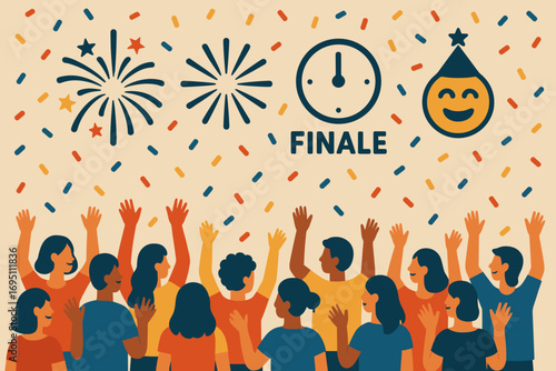 Joyful Celebration Finale. Flat scene showing confetti raining on crowd and finale icon set for fireworks, burst icon, end time