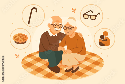 Multigenerational Picnic Icons. Creative vector layout with grandparents joining blanket circle and multigenerational picnic icon