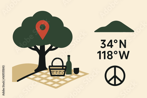 Picnic Under Big Tree. Minimalist vector strip with picnic under big tree and location icon set for tree shade, hill, coordinates