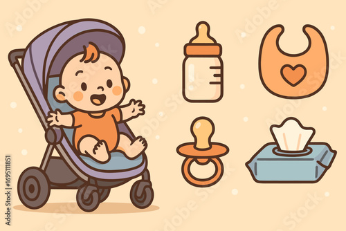 Baby Essentials Cartoon. Cartoon-style horizontal panel showing baby in stroller and baby care icon set for bottle, bib, pacifier