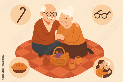 Multigenerational Picnic Icons. Creative vector layout with grandparents joining blanket circle and multigenerational picnic icon