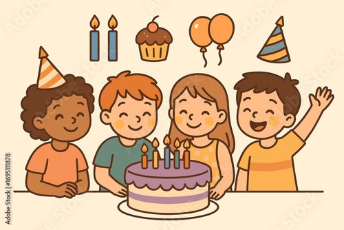 Birthday Celebration Scene. Horizontal vector banner showing kids gathered around cake and birthday icon set for candles, frosting