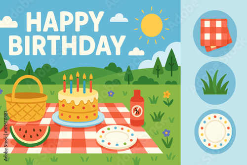 Outdoor Birthday Picnic. Bright banner portraying outdoor birthday picnic and nature icon set for blanket, grass, bug spray and