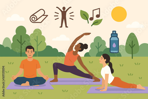 Outdoor Yoga Wellness. Flat vector illustration featuring group practicing yoga outdoors and wellness icon set for mats, stretch