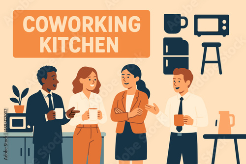 Coworking Kitchen Hub. Bright banner portraying coworking kitchen with chatting professionals and break area icon set for mugs,