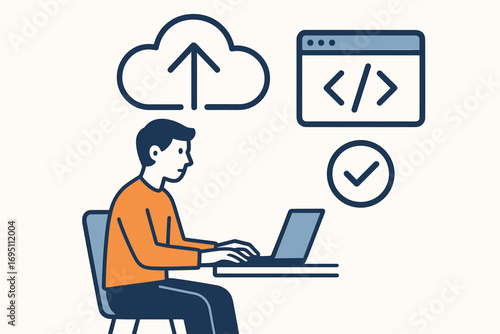 Programmer's Cloud Deployment. Clean vector illustration of programmer uploading build and deployment icon set for cloud icon,