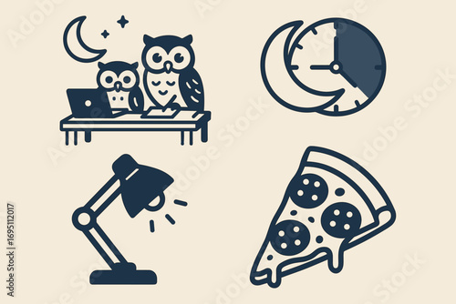 Night Owls Essentials. Vector strip showing night owls working late and flexible hours icon set for moon icon, time chart, lamp