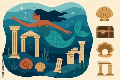 Mermaid and Ocean Ruins. Flat vector illustration featuring mermaid swimming past ruins and fantasy ocean icon set for shells,