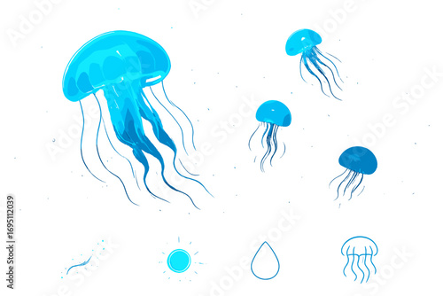 Glowing Jellyfish Twilight. Horizontal composition showing glowing jellyfish at twilight depth and bioluminescence icon set for