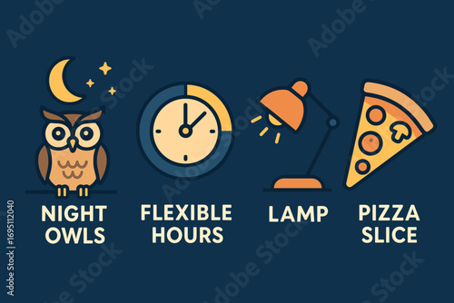 Night Owls Essentials. Vector strip showing night owls working late and flexible hours icon set for moon icon, time chart, lamp