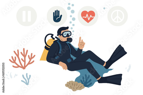 Diver Resting on Reef. Vector strip showing diver resting on reef ledge and pause icon set for hand signal, heartbeat icon,