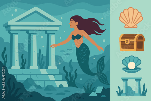 Mermaid and Ocean Ruins. Flat vector illustration featuring mermaid swimming past ruins and fantasy ocean icon set for shells,