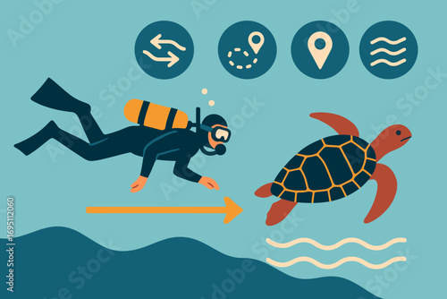 Diver Following Turtle. Stylized flat vector of diver following turtle migration and nature icon set for sea currents, route arrow