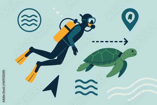Diver Following Turtle. Stylized flat vector of diver following turtle migration and nature icon set for sea currents, route arrow