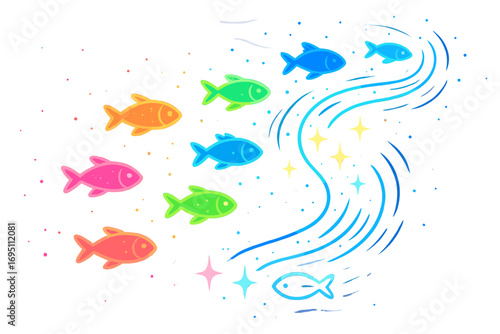 Glowing Fish Path. Colorful scene of glowing fish leading path and enchanted icon set for light trail, fish icon, sparkle dot and
