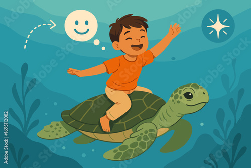 Dreaming Sea Turtle Adventure. Modern banner depicting child imagining ride on sea turtle and dream icon set for motion arrow,