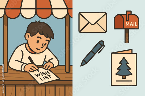 Boy's Holiday Wishlist. Modern vector panel showing boy writing wish list at booth and letter icon set for envelope, mailbox, pen