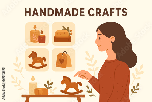 Artisan Goods Display. Creative vector layout with woman browsing handmade crafts and artisan goods icon set for candles, soap