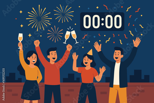 Rooftop New Year Celebration. Flat vector illustration featuring people cheering on rooftop and midnight countdown icon set for