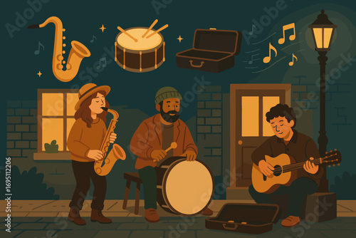 Street Music Serenade. Scene banner with street musicians playing and cozy ambiance icon set for saxophone, drum, case open and