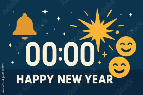 Midnight Celebration Countdown. Flat vector banner with countdown clock striking midnight and climax icon set for bell icon, 00:00