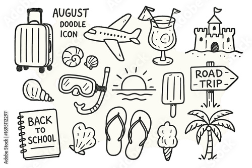 Summer Travel Icons. August doodle icon set: hand drawn icons of travel suitcase, airplane, tropical drink, sandcastle, seashells,