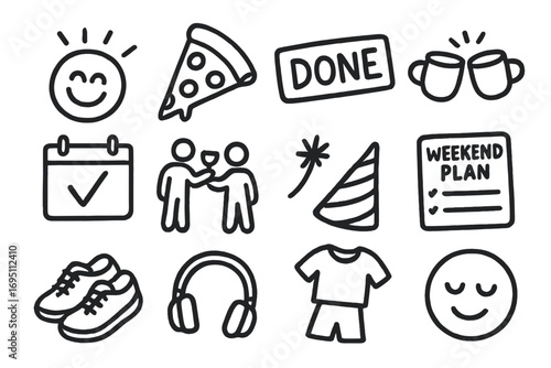 Friday Doodle Icons. Friday doodle icon set: hand drawn icons of celebration emoji, pizza slice, “done” stamp, coffee cheers,
