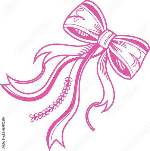 Classic Coquette Bow with Elegant Ribbon Loops and Flowing Tails Vector, Elegant Ribbon Bow with Graceful Loops and Tails Illustration, Vintage Coquette Style Ribbon Bow Decorative Design