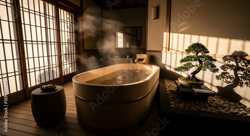 Japanese Inspired Bathtub, Steam Rising, Tranquil Bonsai, and Authentic Interior Design