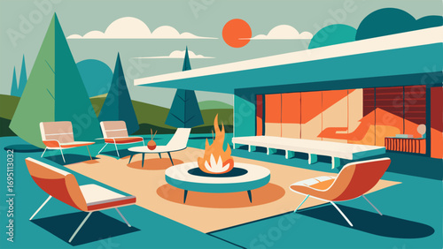 An outdoor patio with a sunken lounge area retroinspired patio furniture and a large fire pit with a sleek design.