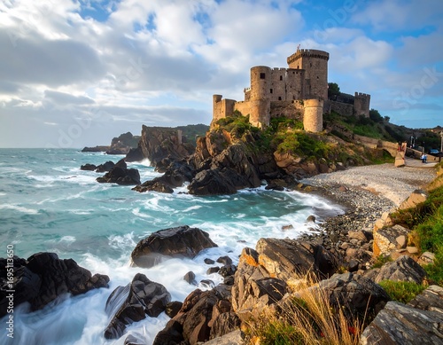 Coastal castle, dramatic waves