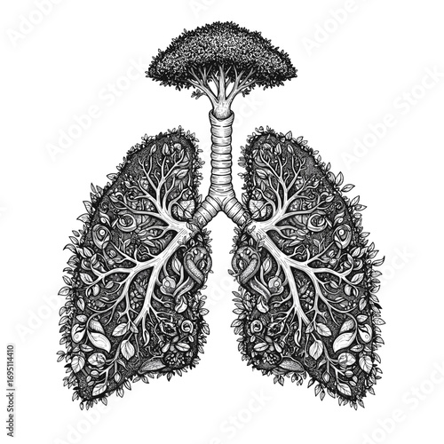 Lungs intertwined with leaves and trees with environmental awareness mood, highly detailed black and white line drawing with intricate ink-style textures on clean white background 