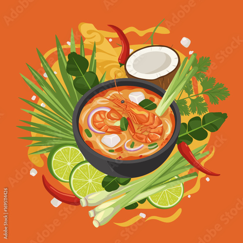 Tom Yum soup with prawns and lemongrass in modern Thai vector illustration, lively vibrant dish with swirling motion and tropical ornamental elements