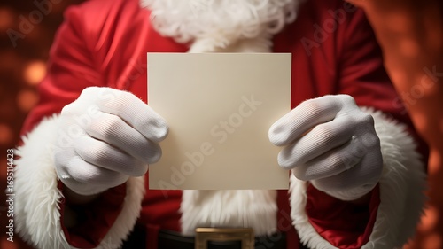 Santa claus holding a blank card or letter for christmas wishes and messages with a festive background