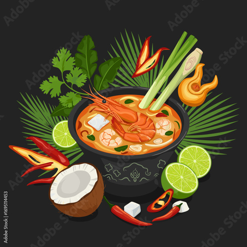 Prawns and lemongrass in Tom Yum soup, modern Thai vector illustration, vibrant lively dish with tropical ornamental elements and swirling motion