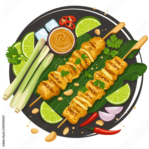 Grilled chicken satay skewers with peanut sauce in vibrant modern Thai vector illustration, tropical-inspired dish with swirling ornamental elements