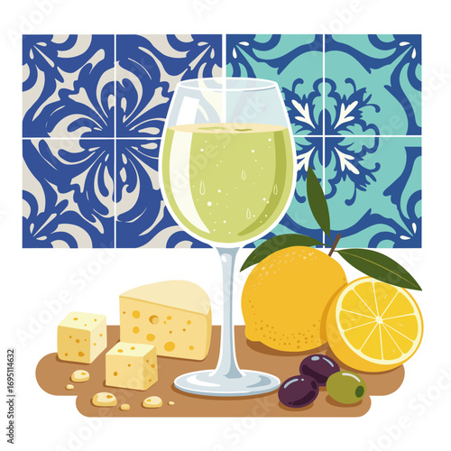Glass of vinho verde with olives and marinated cheese cubes in vibrant Mediterranean Portuguese style, clean flat vector illustration with strong shapes and defined edges