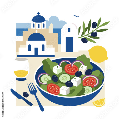 Greek salad with feta, olives, and cucumber slices in modern Greek style, clean structured vector illustration with bold flat colors and geometric forms