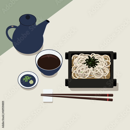 Soba noodles with dipping sauce in Japanese minimal style, clean and elegant vector illustration with soft color blocks, harmonious asymmetry, and negative space on light background